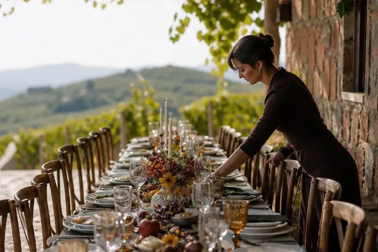 Design details and table setting for “Wedding event in Sighnaghi” in Sighnaghi