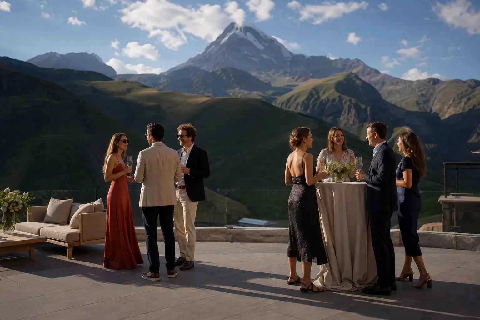 Festive reception on a mountain hotel panoramic terrace in Kazbegi