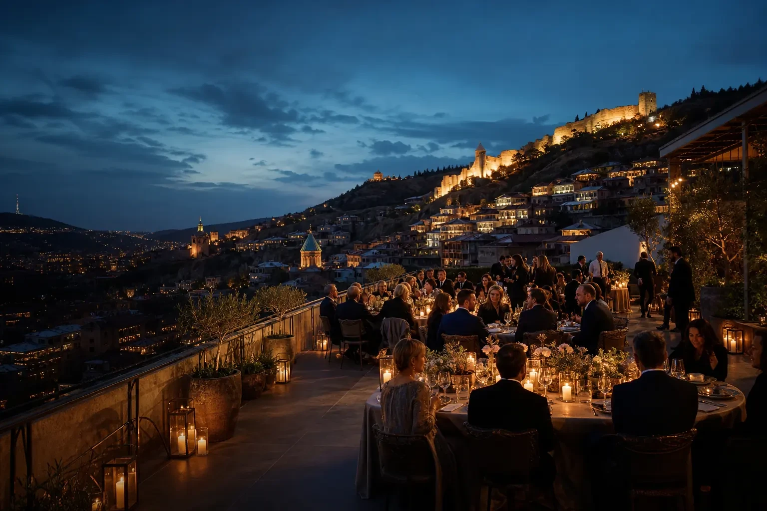 Luxury evening gala dinner on an open terrace with panoramic views of night Tbilisi
