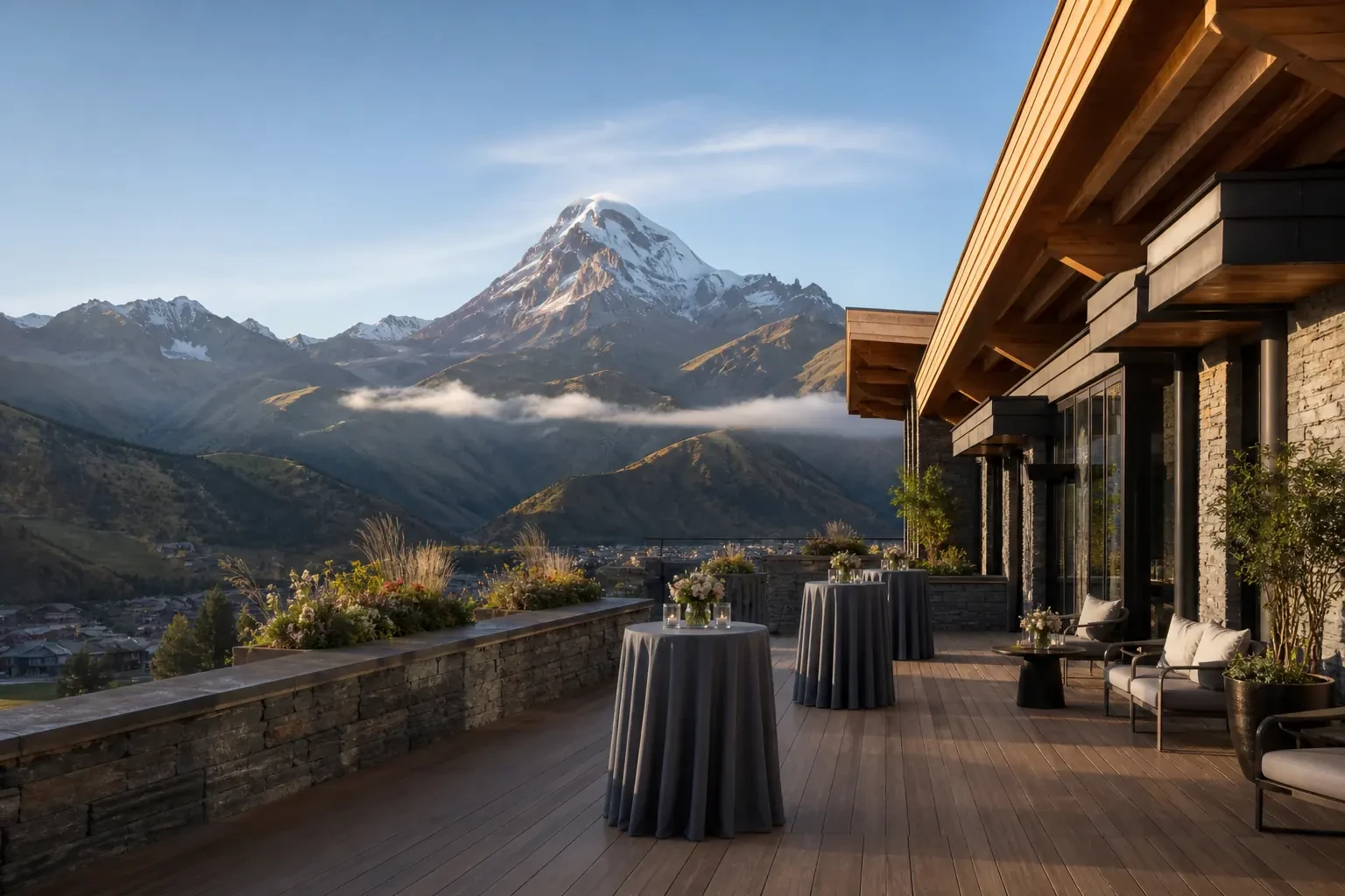 High-altitude hotel terrace with panoramic views of Mount Kazbek and Caucasus